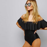 New Sexy Off The Shoulder Solid Swimwear Women One Piece Swimsuit Female Bathing Suit Ruffle Monokini Swim Wear XL - moojoy