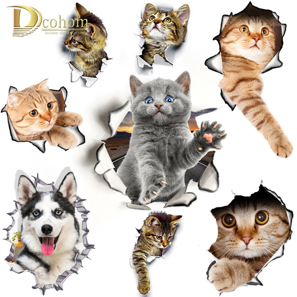 Hole View Cat Dog 3D Wall Sticker Bathroom Toilet Kids Room Decoration Wall Decals Sticker Refrigerator Waterproof Poster - moojoy